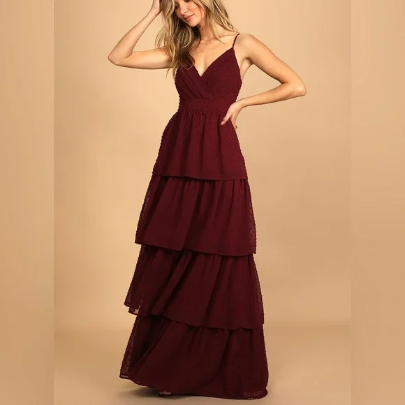 Lulus | Dresses | Love Stays True Burgundy Swiss Dot Tiered Maxi Dress |  Poshmark